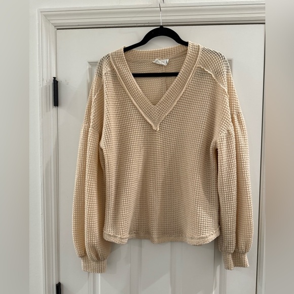 LOVERICHE V-NECK WAFFLE BALLOON SLEEVE KNIT TOP Beige Cream Womens Small - Picture 6 of 9